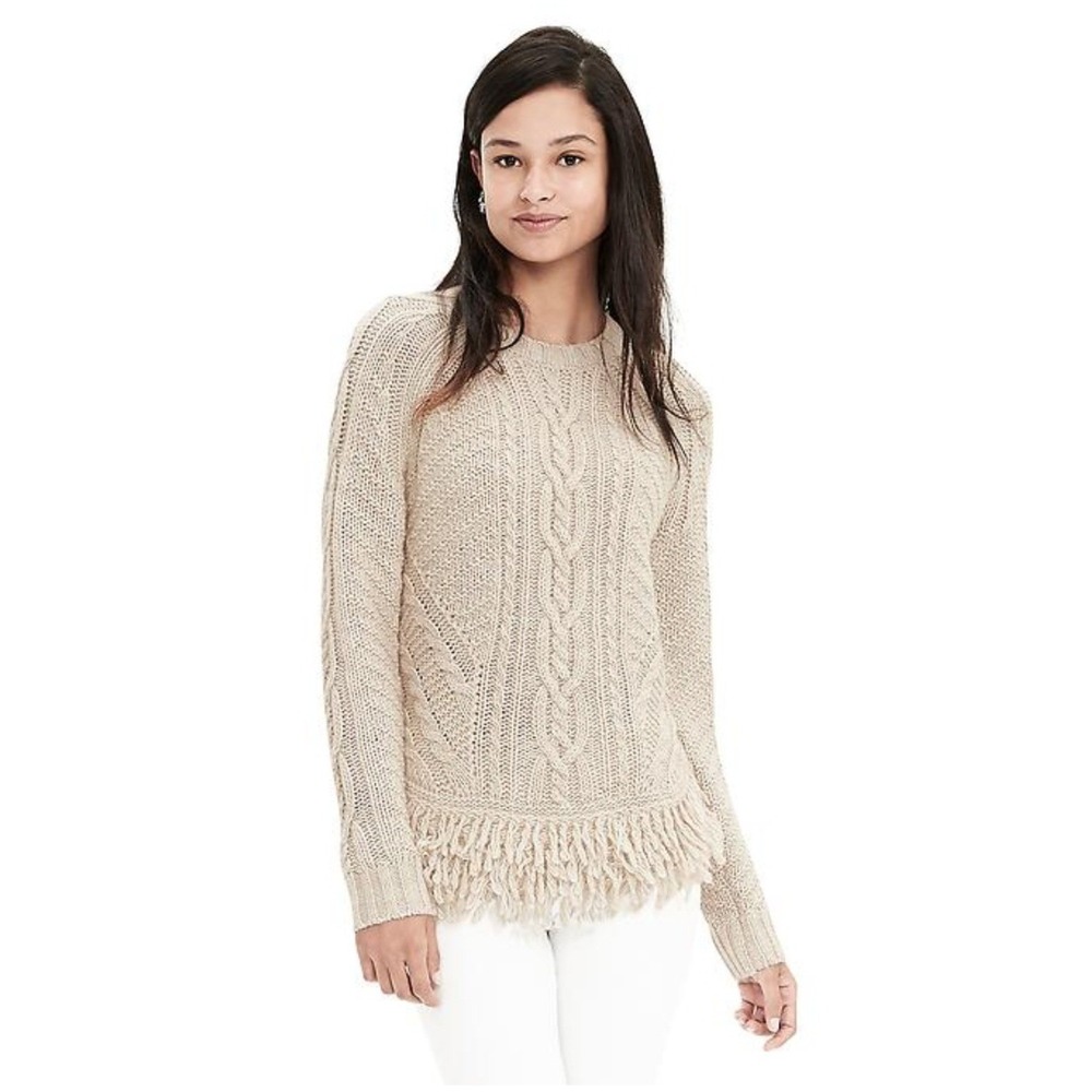 Banana Republic Fringe Cable Knit Sweater M Cream Wool Alpaca‎ Blend Pullover